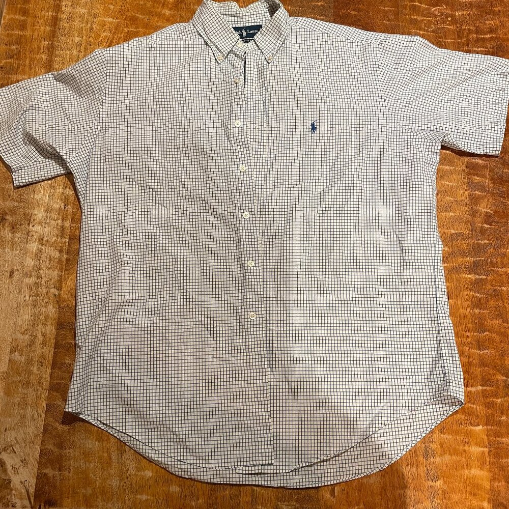 Vintage 90's Ralph Lauren button-up short sleeve, blue and white grid, Large